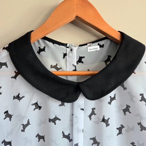 Tops - Peter Pan Collar Grey Dogs Pattern Blouse Short Sleeve Top